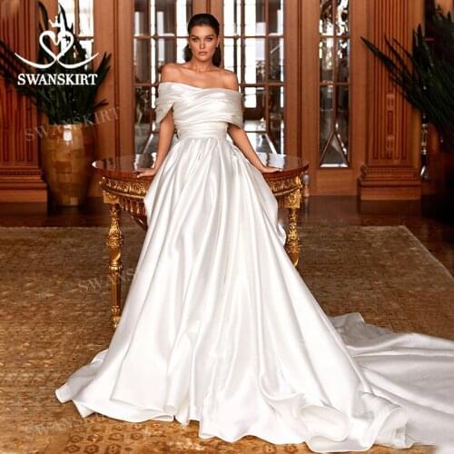 Sleeveless Satin Wedding Dress 2022 Fashion Boat Neck A-Line Court Train Princess Vestido De Novia SwanSarah P171 Bride Gown