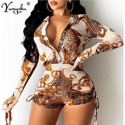 Sexy V neck printing club summer outfits shorts jumpsuits for women 2021 long sleeve elegant bodycon overalls rompers playsuits