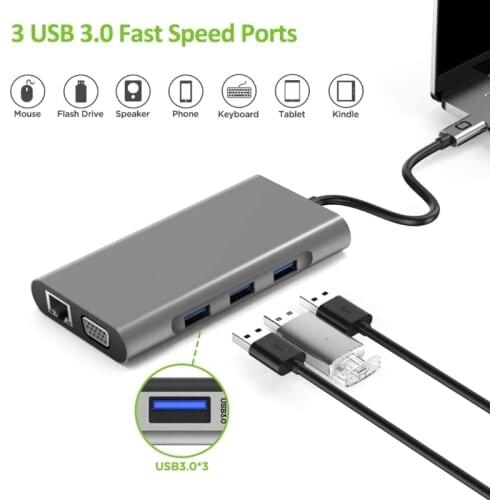 10 in 1 USB Type C Hub Type-C To 4K VGA Adapter RJ45 Lan Ethernet SD TF USB-C 3.0 Type C 3.5mm Jack Audio Video