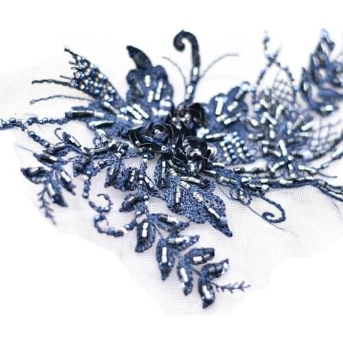 2PC 3D Beaded Lace Applique Embroidered Flower Fabric Lace Trim For Decorate Wedding Dress Veil Garment Accessories