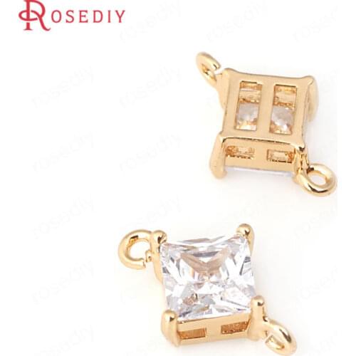 31965)4PCS 6MM 8MM 24K Champagne Gold Color Brass with Zircon Square 2 hole Connector Charms High Quality Jewelry Accessories