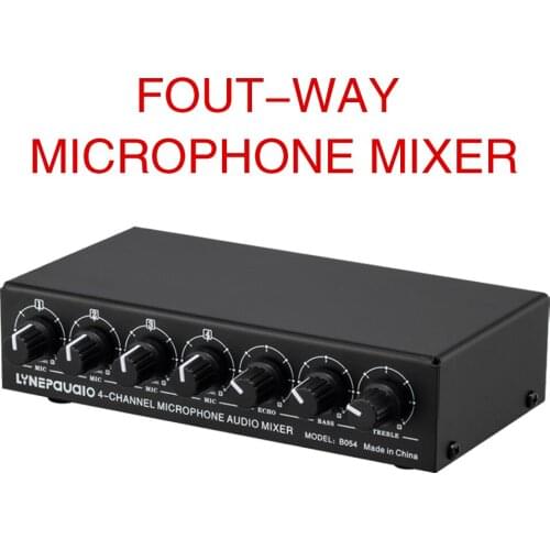 4 channel microphone mixer supports stereo output with reverb treble and bass adjustment USB 5V power supply