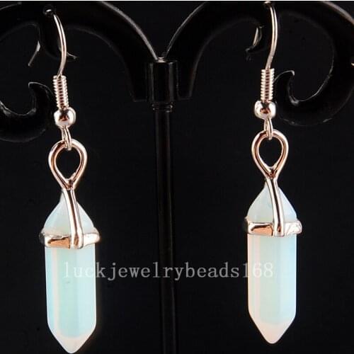 Free Shipping Women Fashion Jewelry Opalite Opal Hexagonal Reiki Chakra Beads Dangle Earrings Pair C4158