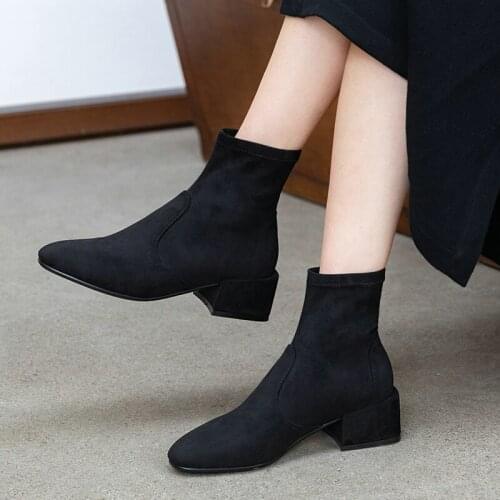 EshtonShero Shoes Woman Women Ankle Boots Med Heels Flock Platform Winter Slip On Ladies Motorcycle Riding Boots Size 3-9
