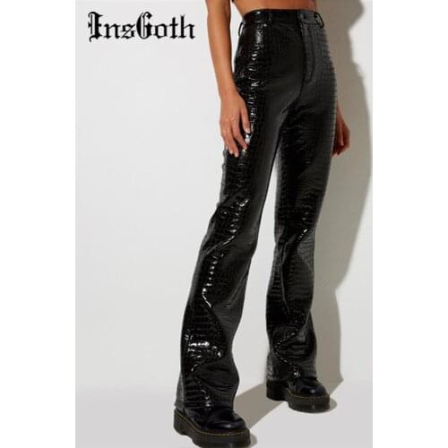 InsGoth Luxurious Faux PU Leather Y2K Pants Streetwear Grunge Punk High Waist Straight Black Pants Casual Slim Lady Trousers