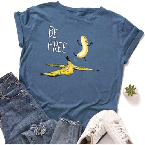 100% Cotton Summer Womens T-shirt O-Neck Harajuku Cartoon Funny Banana Letter Be Fress Top Casual Female T shirt Oversize