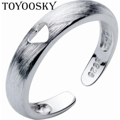 TOYOOSKY Classic Fashion Hollow Heart Love Ring Wire Drawing Effect Jewelry Adjustable Real 925 Sterling Silver Rings Factory
