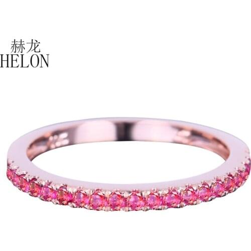 HELON Solid 14k Rose Gold 0.4ct Round Natural Ruby Trendy Fine Jewelry Wedding Band Ring Women Birthday Anniversarry Best Gift