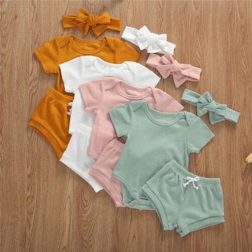 Toddler Baby Summer Clothing Infant Newborn Baby Boys Girls O-neck Ribbed Knitted Bodysuit Tops Shorts Headband 3Pcs Outfits Set