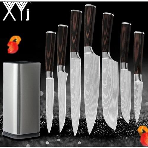 XYj 8pcs Kitchen Stainless Steel Knives Set 8'' Knife Storage Box Damascus Veins Blade Chef Fishing Chopping Bread Knife Cover