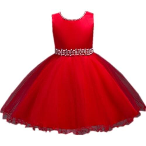 New Flower Girls Dress Children Satin Bodice Beading Band Tulle Princess Dress Formal Kids Clothing