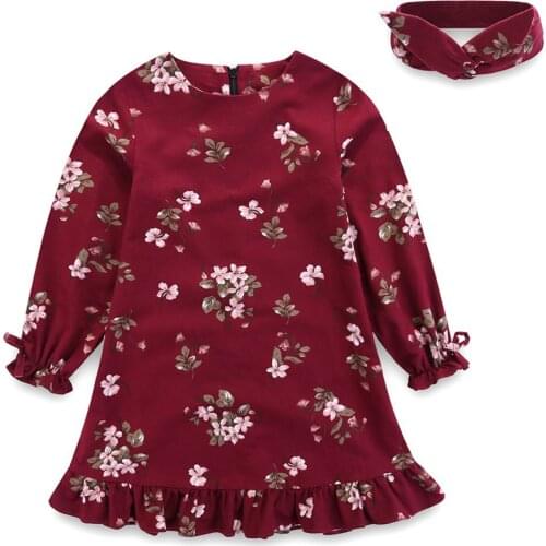 Girls Autumn Dress,Floral Printed Petal Long Sleeve Ruffle Bottom With Headband Girls Dress 2 Piece Set
