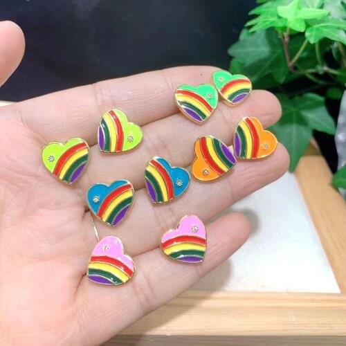 5Pairs, Charm Sweet Style Rainbow Heart Stud Earrings For Women Minimalist Boho Fashion Love Heart Pink Yellow Enamel Earring