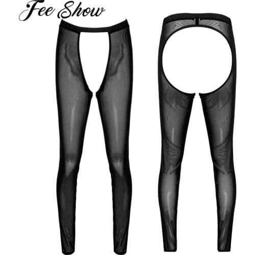 Sexy Men Crotchless Skinny Leggings Exotic Pants Breathable Elastic Waistband Hollow Out See-through Sheer Mesh Pants Nightwear