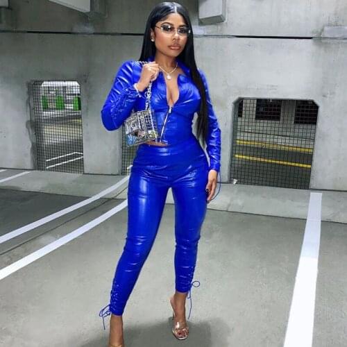 In stock New Solid Color Women Set String Up Pants Faux Leather Skinny Sexy Synthetic Leather Suit Two Piece Set Women Clothing