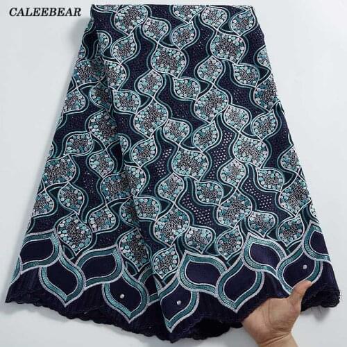 High Quality African Lace Fabrics 2021 Embroidery Cotton Navy Lace Fabric With Stones Nigerian Lace Fabric For Dress Party S2307