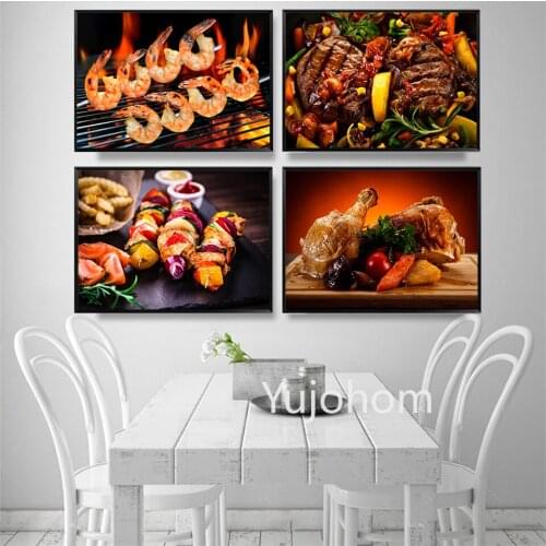Fried Beef with Salad Steak Food Poster Modern Canvas Paintings Wall Art Prints Beef Pictures for Kitchen Room Restaurant Decor