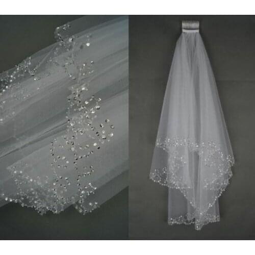 Beautiful 2T White Ivory Sequins Beaded Edge Wedding Bridal Elbow Veil with Comb