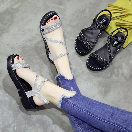 Shoes Woman Sandals Womens Summer 2021 Korean Version of The Sponge Cake Thick-soled Rhinestones Wild Word Buckle Slope Heel