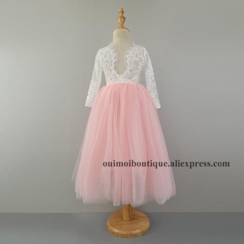 2018 Girl Tulle Costumes Wedding Birthday Ball Gowns Baby Girls Lace Sleeves Long Dress Princess Open V Back Maxi Dresses