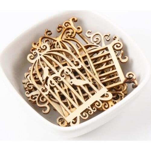 Birdcage Pattern Natrual Wooden Craft Scrapbooking Hollow Craft Random for Home Decoration 52x34mm 24pcs/1set