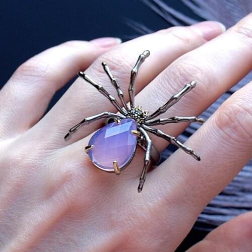 Big Spider Ring Pink Teardrop stones Brass Crystal Jewellery Black 2 Tone Plating Cool Animal Rings for women