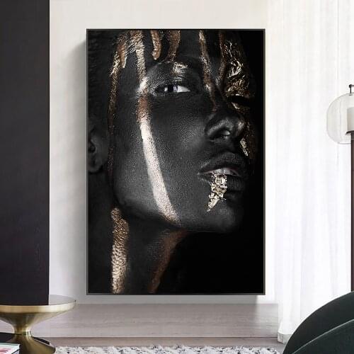 Black Gold African Woman Canvas Painting Makeup Art Girl Posters and Prints Art Wall Picture for Living Room Decor