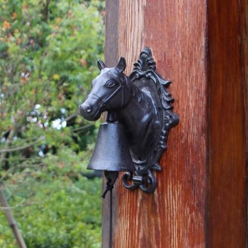Cast Iron Handmade Antique Black European Retro Chic Horse Head Home Garden Decor Wall Mounted Hand Cranking Welcome Door Bell