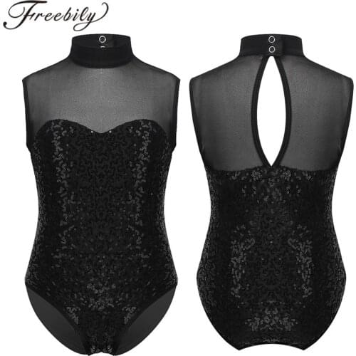 Kids Girls Gymnast Leotard Sparkly Sequins Sleeveless Tulle Splice Keyhole Back Ballet Dance Gymnastics Leotard Teens Jumpsuit