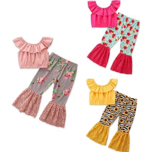 FOCUSNORM 1-6Y Summer Baby Girls Clothes Sets Solid Off Shoulder Ruffles T Shirts Flowers Printed Lace Flare Pants