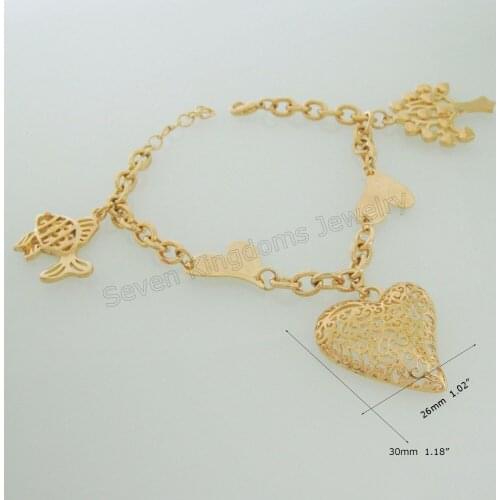 Foromance/ CHARM PENDANT BRACELET 7.1+1.2" HEART FISH FAMILY APPLE TREE CHARMS - YELLOW GOLD COLOR GOOD QUALITY
