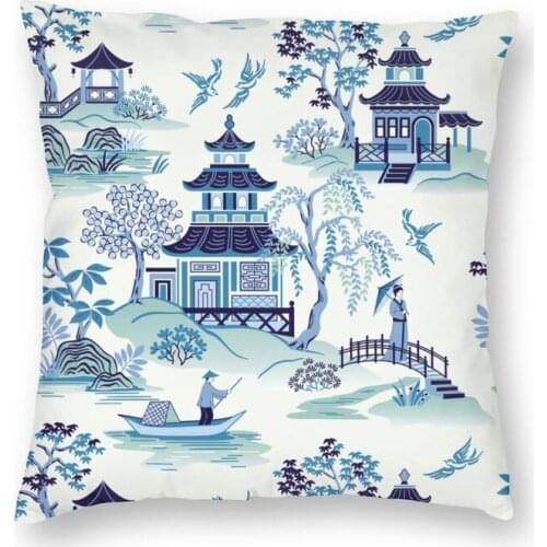 Chinoiserie Pagoda Blue Antique Willow Ware Cushion Cover Print Oriental Style Throw Pillow Case for Sofa Pillowcase Home Decor