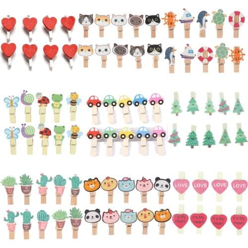 24Styles Mini Natural Wooden Photo Clips Christmas Snowman Duck Heart Owl Shaped Clips Clothespin Craft Decoration Clip Pegs