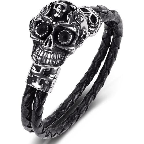 Vintage Stainless Steel Locomotive Wind Skull Leather Bracelet Men Punk Jewelry Male Party Bangles Skeleton Wristband Gifts P533