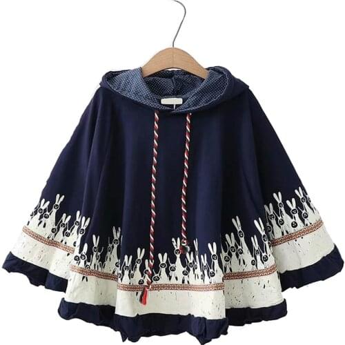 Kawaii Rabbit Ear Hooded Cape Poncho Women Japanese Style Cute Girls Anime Casual Pullover Harajuku Loose Cloak Coat