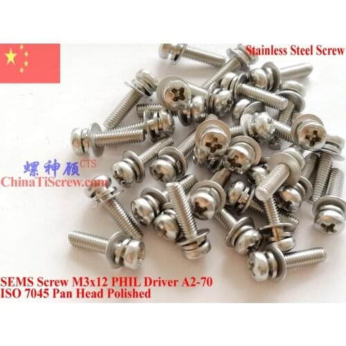Stainless Steel SEMS screws M3x12 Pan Head 1# Phillips Driver Polished ROHS 100 pcs
