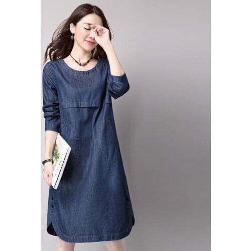 New Spring Autumn Women Dresses Plus Size Fashion O-Neck Casual Solid Slim Long Sleeve Dress For Women Larger Denim One-Piece