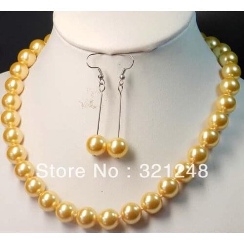 Free shipping 12mm gold-colored shell simulated-pearl round beads necklace earring jewelry set high grade party necklace 18"GE12