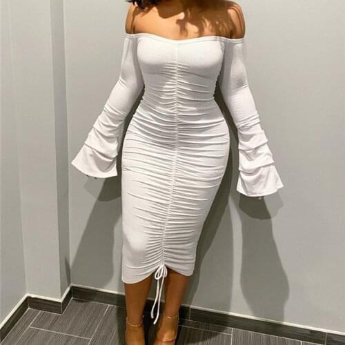 Hirigin Long Sleeve Off Shoulder Sexy Bodycon Midi Dress Flare Sleeve Pleated Stacked Drawsting White Spring Dresses Vestidos