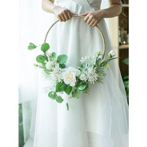 SESTHFAR Bridal Portable Garland Basket Wreaths Artificial Flowers For Decoration Wedding Bride Holding Flowers Hoop Bouquet