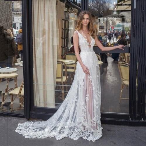 Eightree Sexy See Through Wedding Dress for Beach Wedding Gowns V Neck A Line Buttons Applique Vintage Bride Dresses Korean