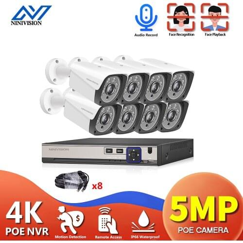 NINIVISION Face Recording detection H.265 8CH 5MP POE NVR Kit CCTV Security System Outdoor Waterproof Video Surveillance ONVIF