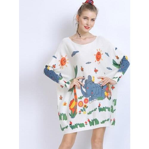 Autumn Female Lovely Cartoon Batwing Sleeve Loose Sweater Sexy Off Shoulder Solid Color Elephant Print Long Sleeve Knitwear