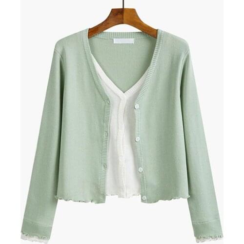 2021 Spring Autumn V-neck Thin Knitted Cardigan Sweater Fake two Ruffle Female Slim Long Sleeve Women Sweater Short Tops