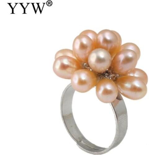 Vintage Elegant Pink Freshwater Pearl Womens Ring Flower Shape 24x22mm US Ring Size 8 Wedding Anniversary Gift Anillos Mujer