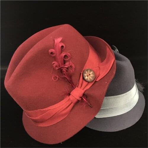 100% Wool Women Felt Fedora Jazz Hat With Feather For Elegant Lady Church Fascinator Hat Size 57CM