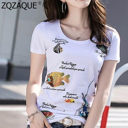 M-XXXL Womens New Hot Sale Luxury Beading T-shirts Fashion Diamonds Fish Pattern Tees Casual Females High Quality Tops SY1108