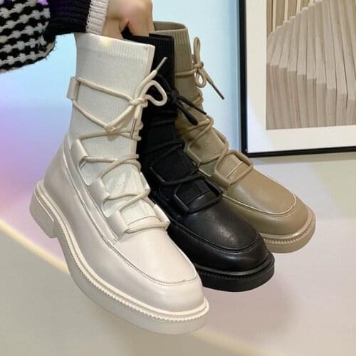 Boots Women 2021 New Net Red Knitting Sock Boots Women Thick Heel Casual Shoes Fashion British Style Wild Lace Up Ankle Booties