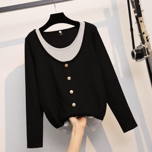 Black False Two Piece Knitted Plus Large Size Oversize Korean Style Fashion Pullovers For WomenS Ladies 2021 Clothes Sweater