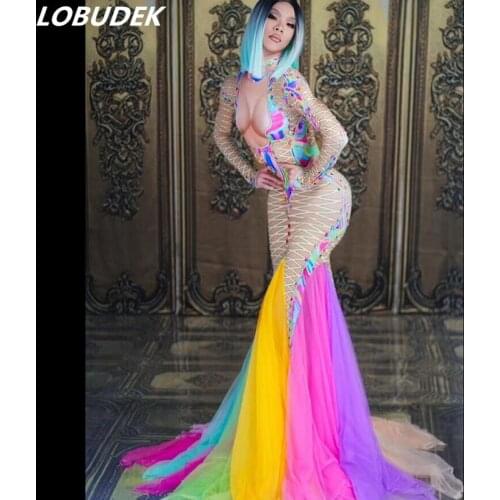 3D Bandage Printed Colorful Mesh Trailing Dress Sexy Elastic Skinny Long Dress Women Singer Host Bar Prom Party Stage Costume